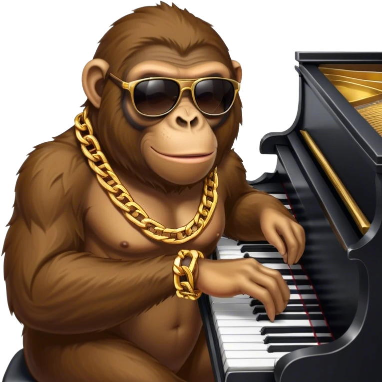 ape with big golden chain on the neck wearing sunglasses plays piano full height emoji
