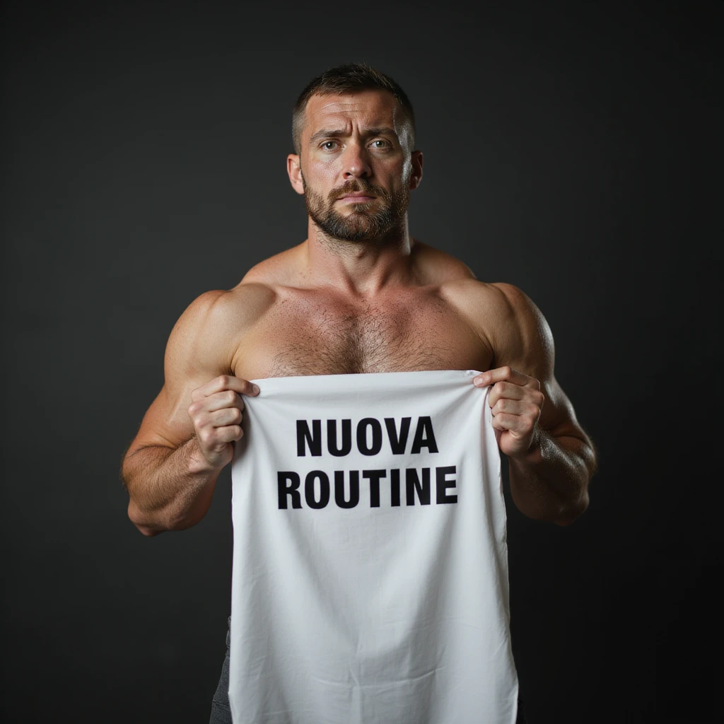 hyperrealistic 4K image of a muscular fitness man with a sad face holding a sheet with the text 'NUOVA ROUTINE', variation 12, no background emoji