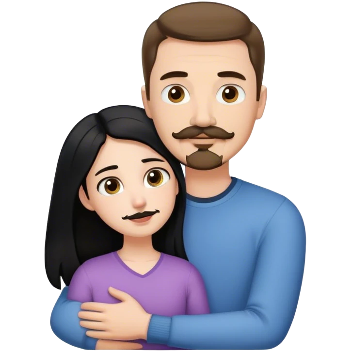Tall white man with short brown hair mustache and goatee, hugging small pale woman long with black hair emoji