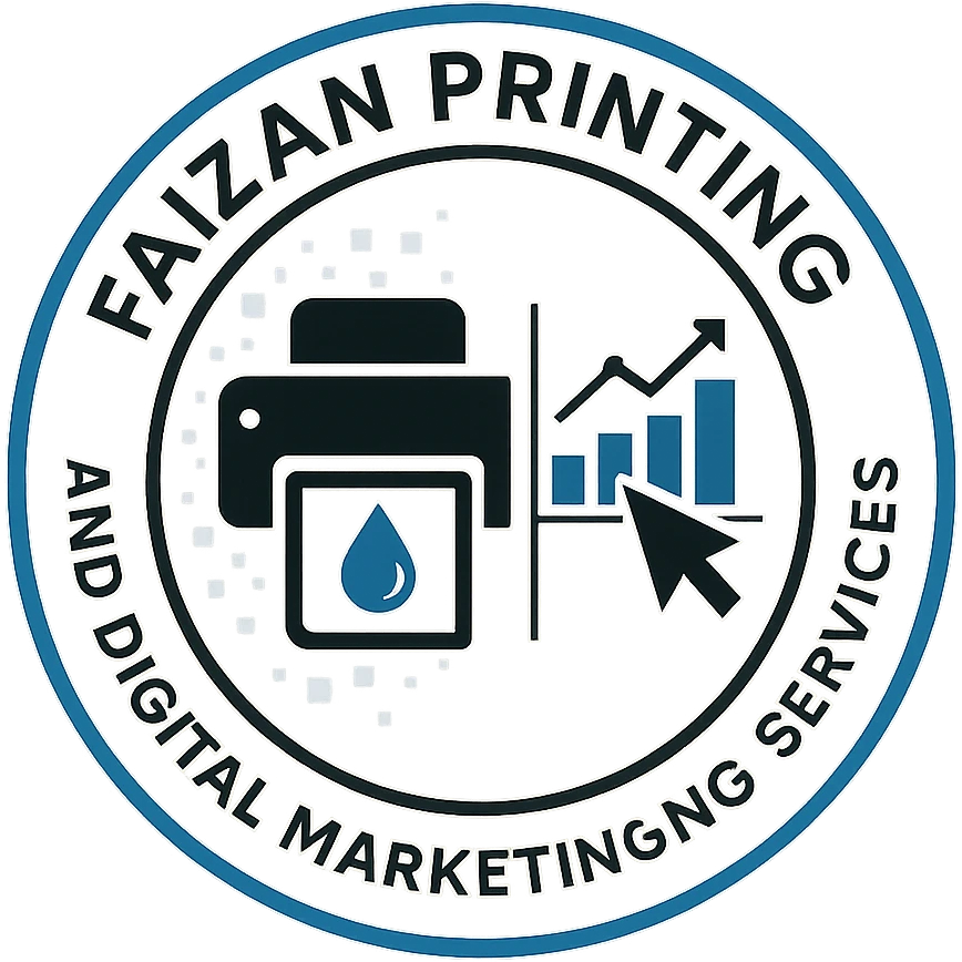 modern circular emblem logo for 'Faizan Printing and Digital Marketing Services' featuring a printer icon and an ink drop representing printing, and a digital graph and cursor symbolizing digital marketing, clean corporate style, blue black and white color scheme, bold clear typography for company name, subtle digital motif in background, versatile for print and online use emoji