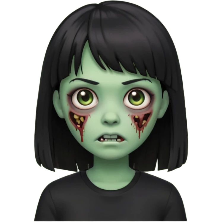 uma garota zumbi no formato Memoji da apple com o cabelo cumprido, preto liso e com franja, blusa preta emoji