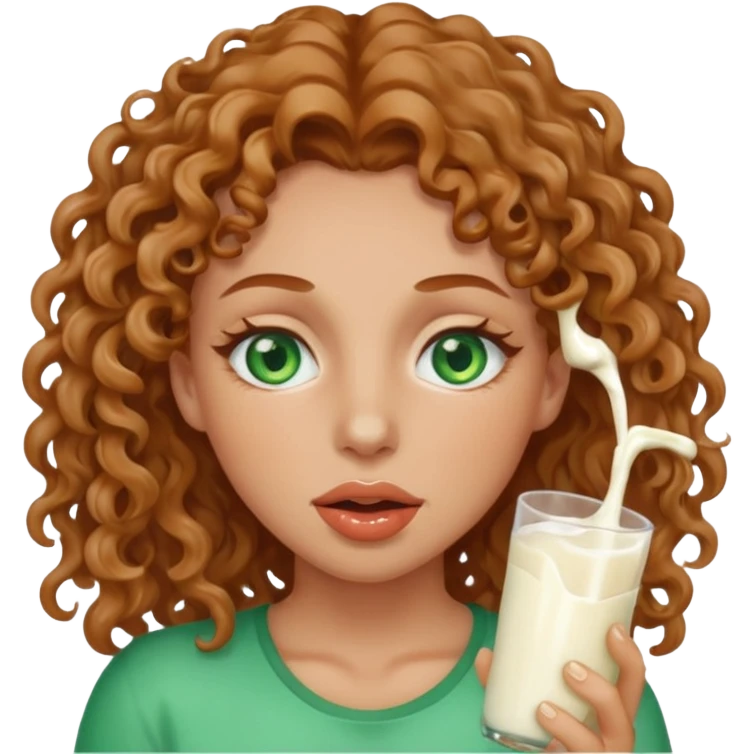 Woman with green eyes and light brown curly hair with milk dripping from mouth and face  emoji