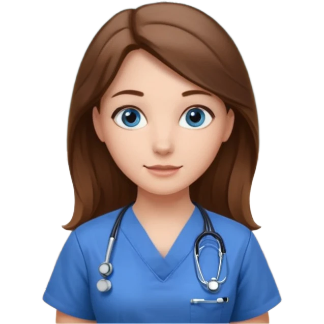 inside a classroom at university that says nursing school on the board with a pretty female nursing student with long brown hair, blue eyes emoji