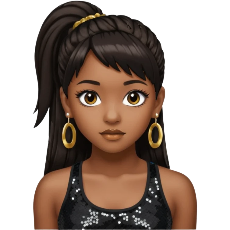 Left Eye from TLC with long dark brown ponytail hair, black sequin crop top, black earring emoji