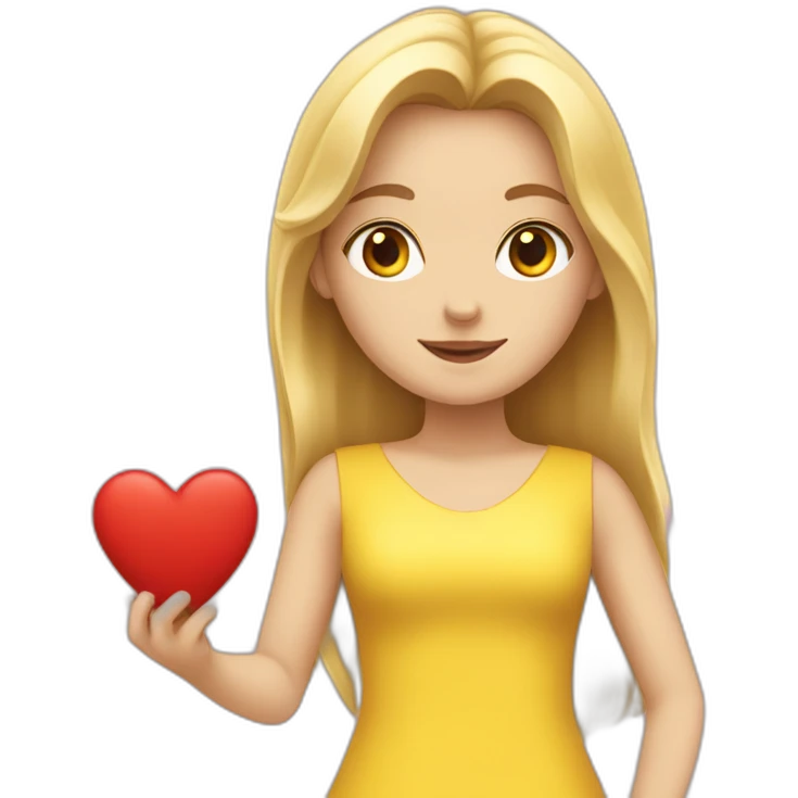 a white girl in a yellow dress holds out a heart forward emoji