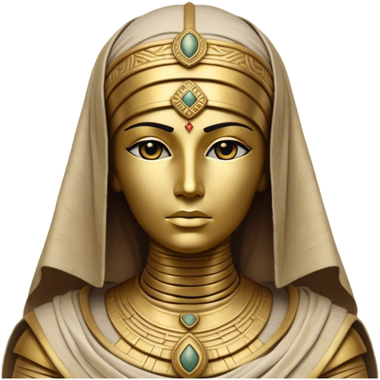 Cinematic Noble Mummy Portrait Emoji, Regal and timeless, with a meticulously wrapped, ancient form in muted earth tones accented by faded gold, exuding an air of forgotten majesty and solemn duty, simplified yet elegant with intricate bandage details, highly detailed and softly glowing, evoking the dignified mystery of an eternal sentinel guarding long-lost secrets! emoji