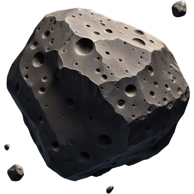  Cinematic Realistic Asteroid – A massive, irregularly shaped rock floating through the void, its cratered and pitted surface showing signs of ancient impacts. The harsh light from a nearby star reveals detailed textures and rugged, jagged edges. emoji