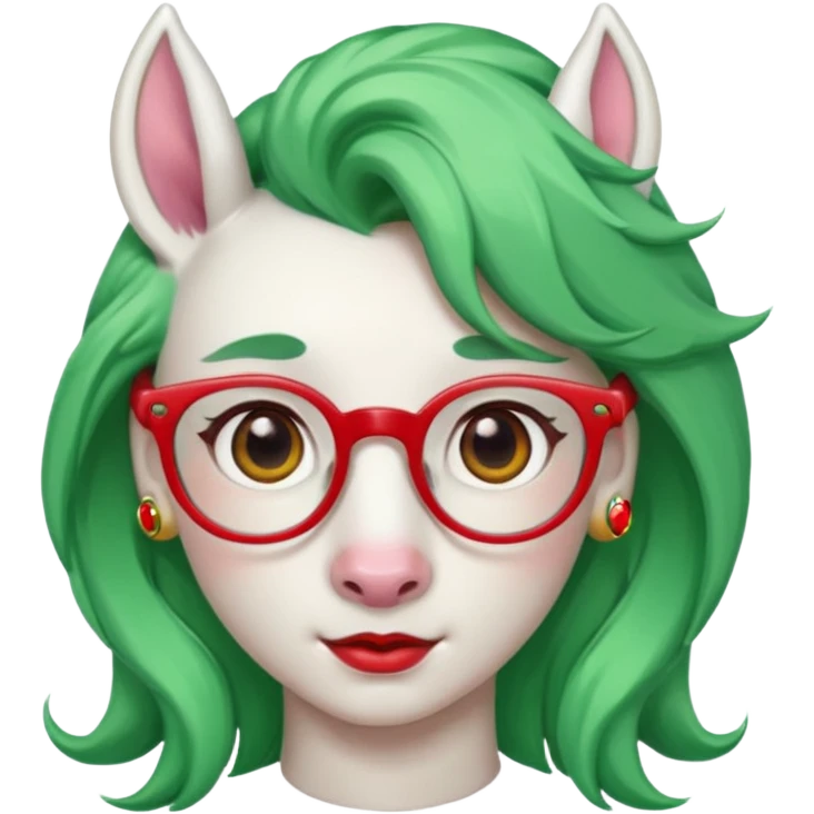white unicorn with green hair and big red earrings looking into camera and spectacle emoji