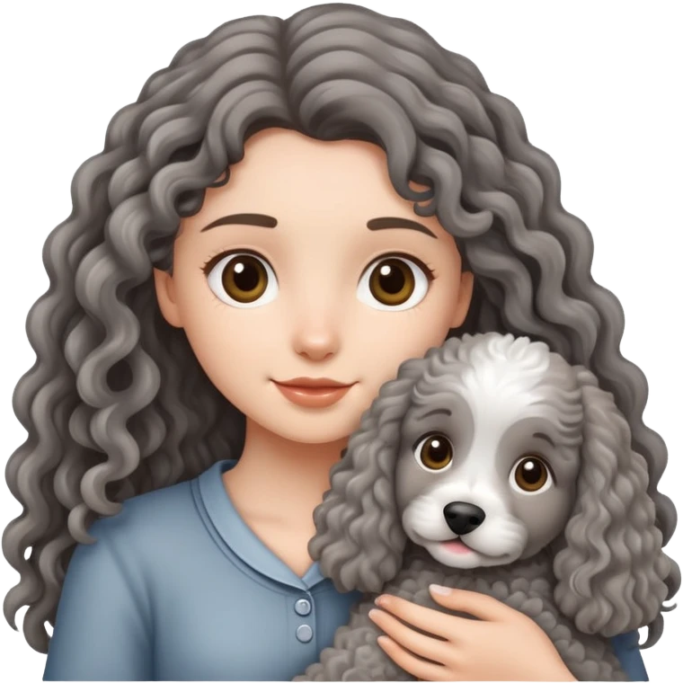 A long-haired girl holding a gray curly dog emoji