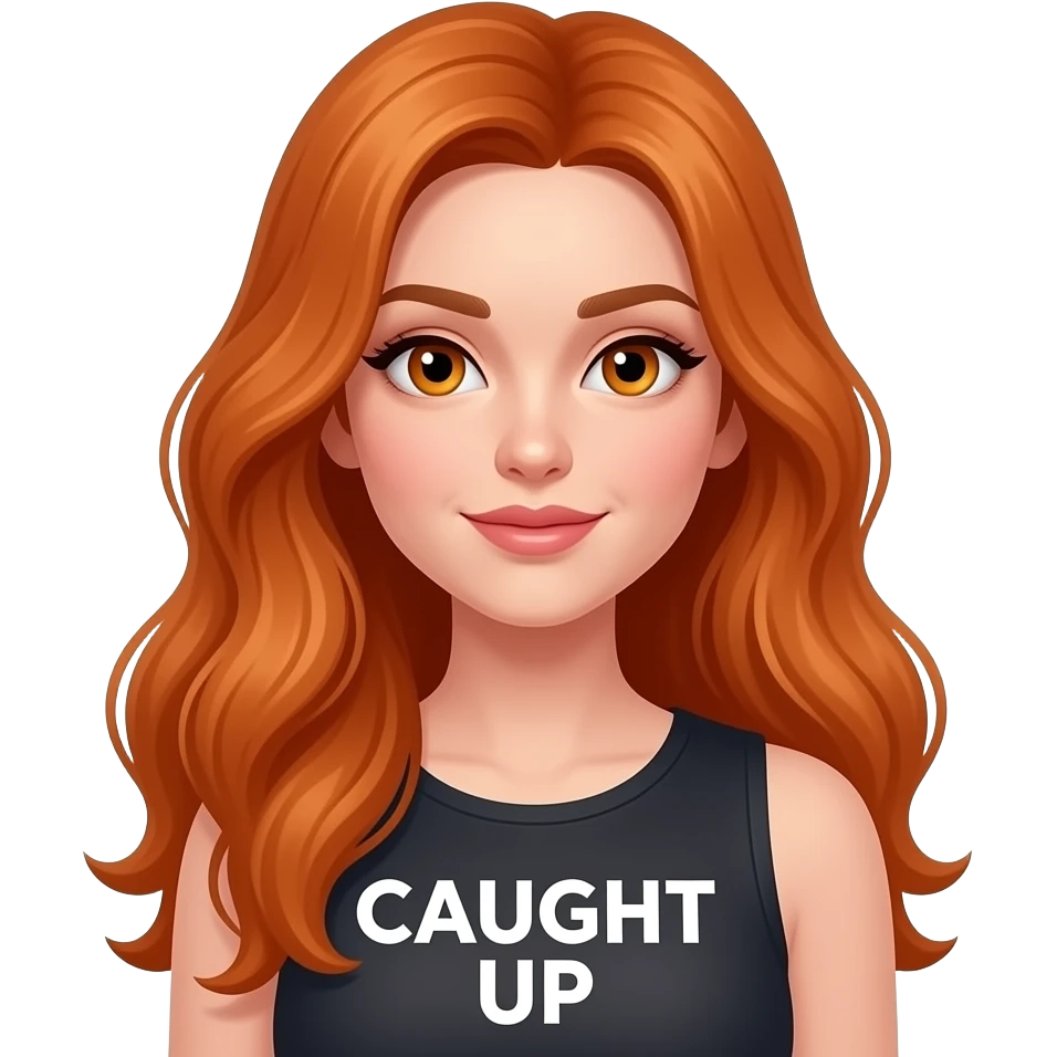 sexy girl with long ginger hair and ginger eyes a top with CAUGHT UP written on it emoji