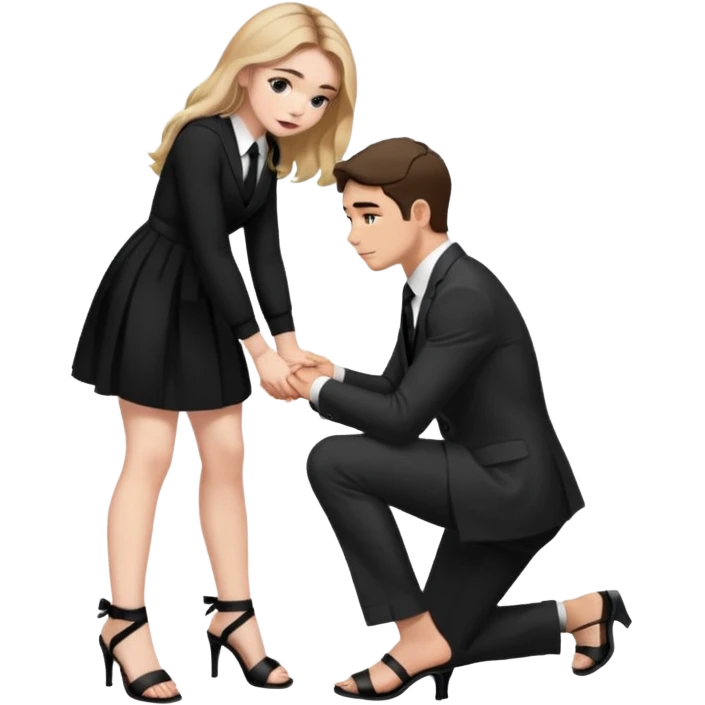  Sabrina carpenter kneeling down wearing a black dress with a tie with black heel sandals, putting her hand on man’s leg  emoji