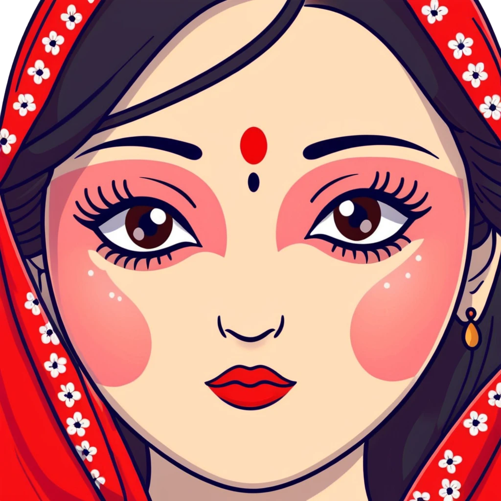 White girl with long oval shaped face, large almond shaped eyes with long eyelashes, long straight black hair falling in front of her bare shoulders, face closeup, with intricate patterned red and white gopi dots in a decorative design above eyebrows emoji