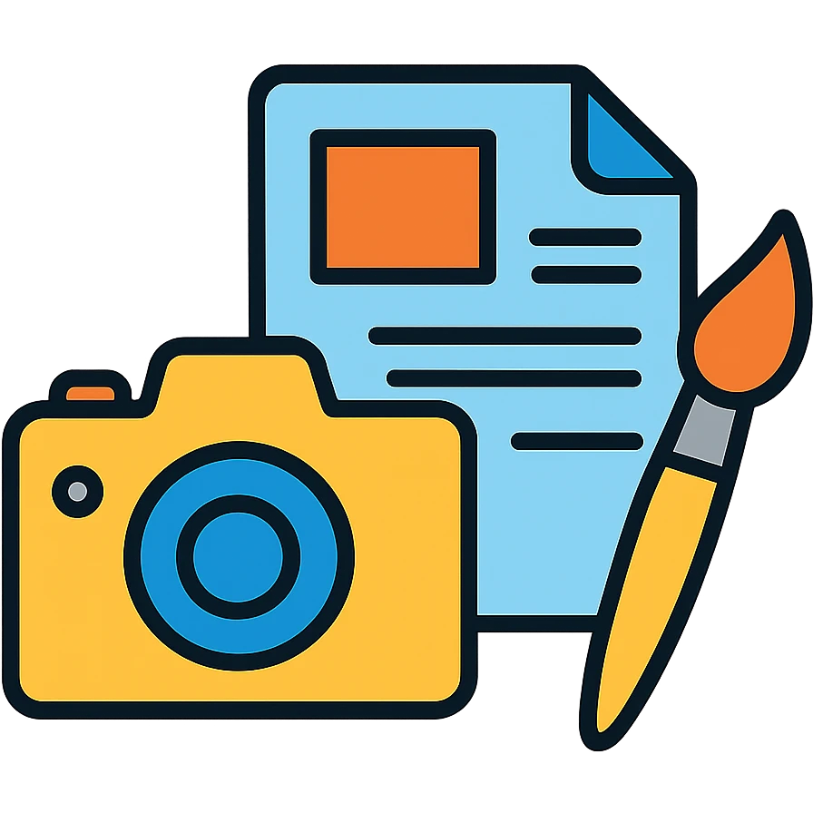 Content creation icon with camera, document, and paintbrush showing multimedia content production emoji
