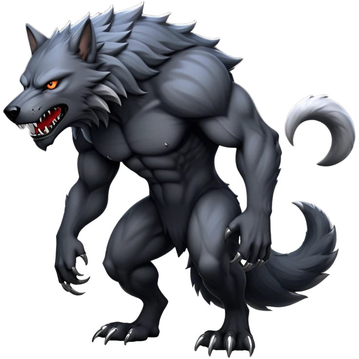 cinematic-noble-fierce-werewolf-full body on all fours-emoji, poised-and-imposing, with a tall, lean, and muscular wolfish frame inspired by the brutal, imposing shape of the beast from Berserk, fur rippling in shades of midnight black and silver, massive paws with razor-sharp claws, elongated limbs and fangs, eyes glowing with an intense, primal ferocity, reflecting the untamed power of the wild moonlit night; rendered with realism emoji