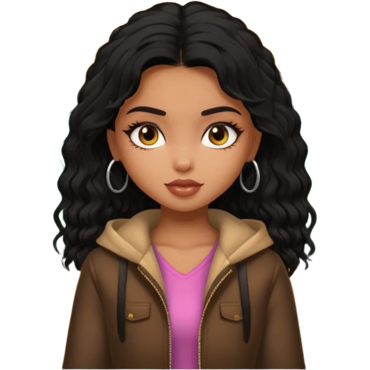 a pretty bratz dusky girl in a train with black shaggy hair emoji