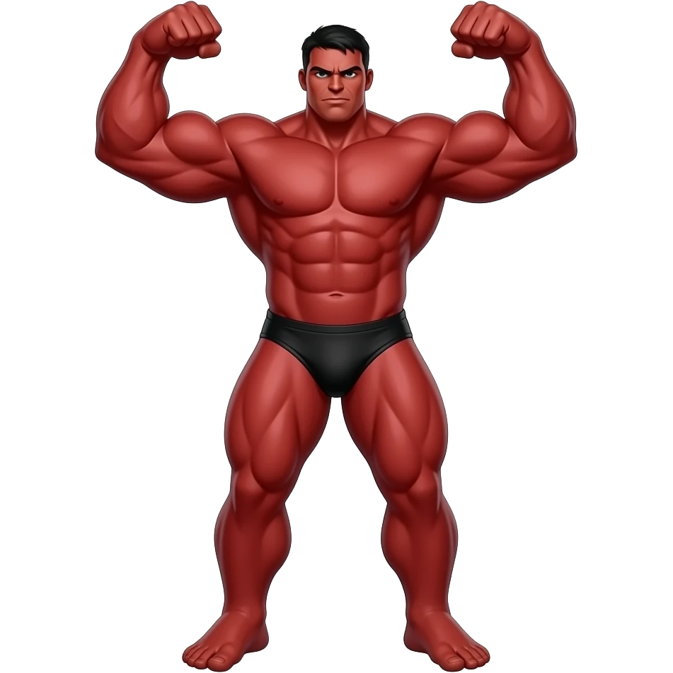 Massive very tall muscular red Hulk in black male bikini full body image realistic flexing biceps emoji