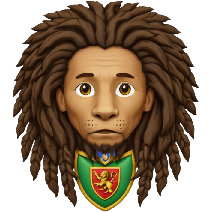old melancholic  Bob Marley with gigantic dread locks in form heraldic crest with ethiopian lion emoji