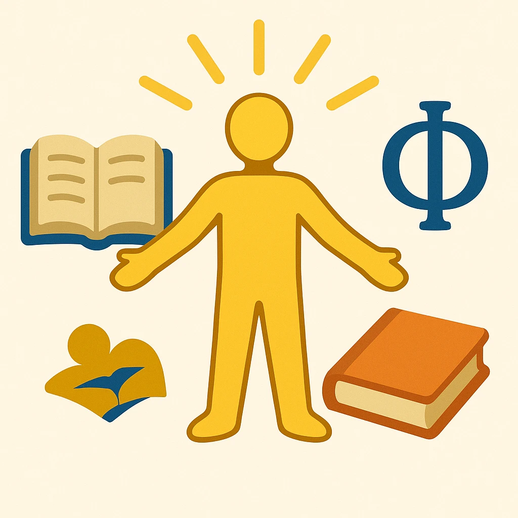 emoji representing Humanism: a human figure in the center, surrounded by books, symbols of knowledge and light emoji