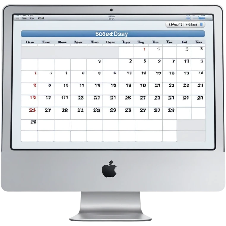 front view of an iMac with a single day-calendar on the screen, vertical list of hours on the left, horizontal rows for client slots, some slots marked as booked emoji