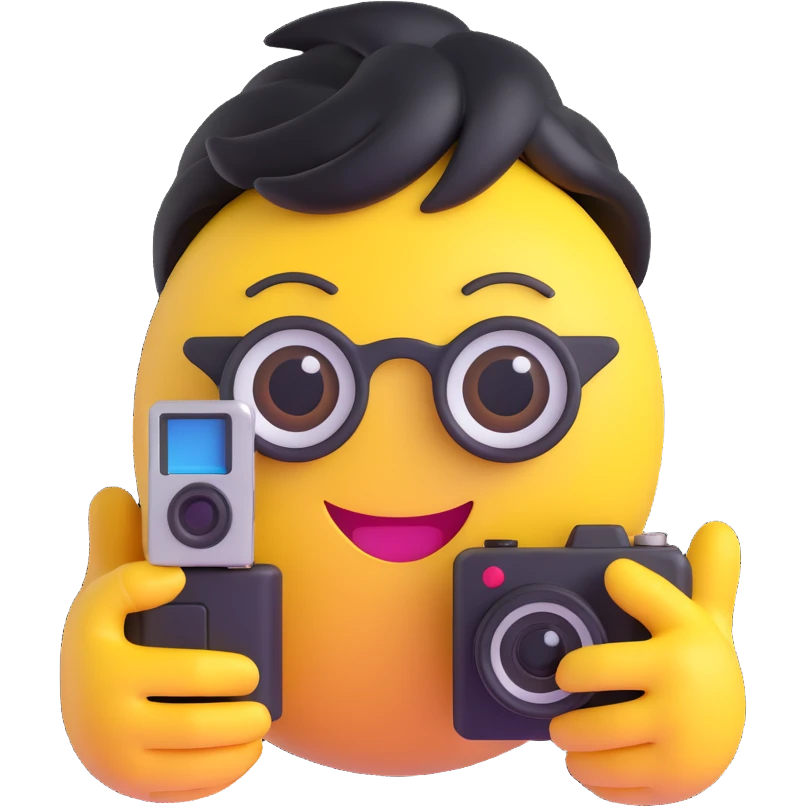 3D smiley emoji, nagy szempillás, kamerával, csillogó szemekkel emoji