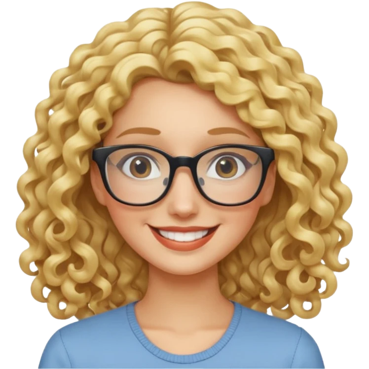 long curly blonde, square glasses,duh emoji