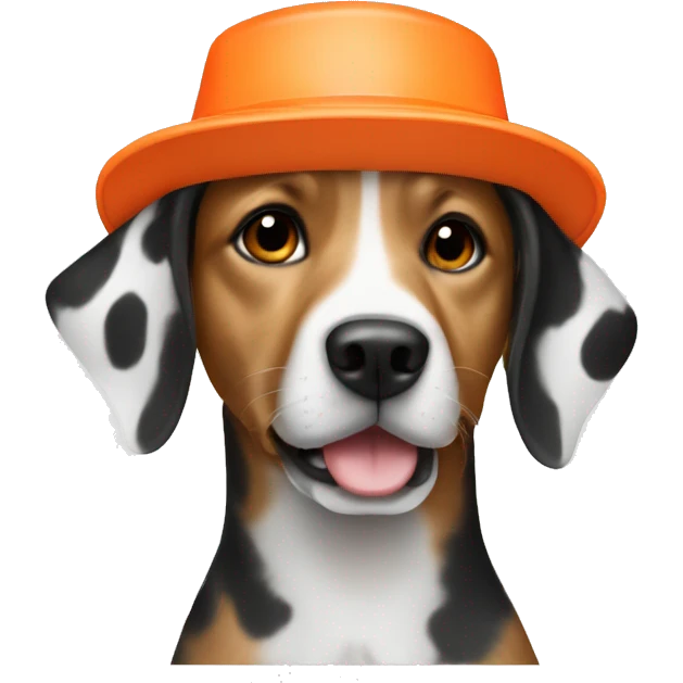 Dog with white and black spots wearing orange bucket hat emoji
