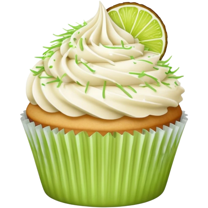 Vanilla cupcake with vanilla frosting with shredded coconut on top and lime emoji