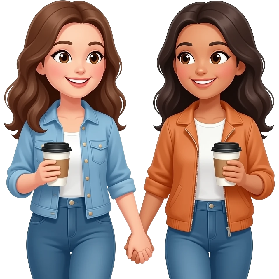 A brunette and a dark haired girl walking while smiling and talking, they are beat friends and they are both white. Not holding hands. Holding coffe emoji