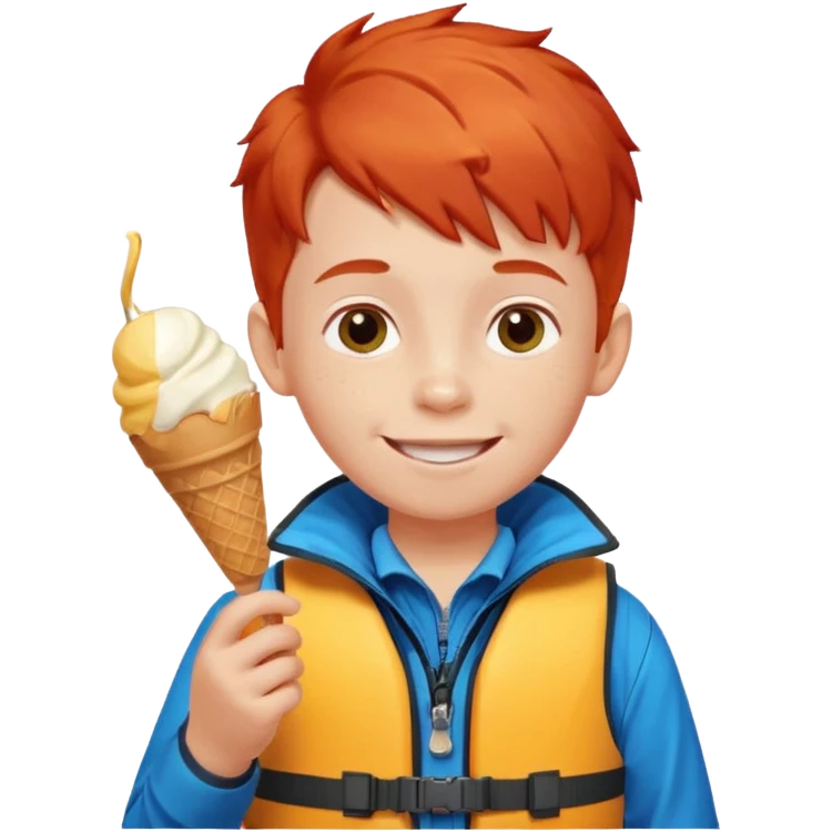 boy kid red haired wearing lifejacket, eating ice cream, sun emoji