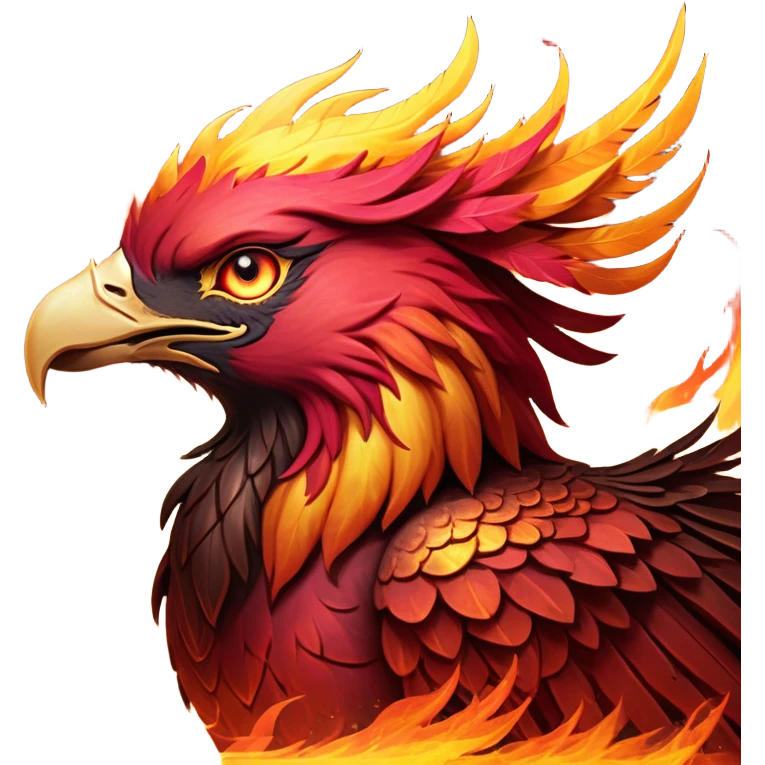 Cinematic Noble Battle-Hardened Mystical Fire Phoenix Portrait Emoji, with scorched, battle-scarred plumage in deep crimson, burnt gold, and smoldering ember hues. Its piercing eyes, hardened by countless conflicts, blaze with unyielding resolve and ancient wisdom. The elongated tail feathers bear vivid marks of fiery combat, rendered with lifelike texture and dynamic highlights, high shine, exuding an aura of mythic martial valor, focused and commanding, with a soft glowing outline that captures a phoenix forged in the fires of war. emoji