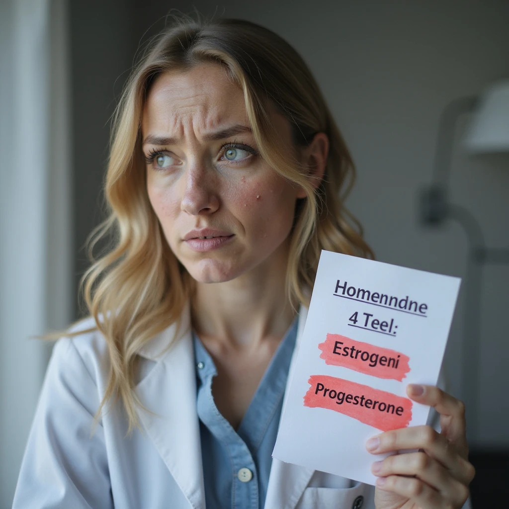 hyperrealistic 4K image of a woman with hormonal imbalance, next to her a blood test sheet with 'Estrogeni' and 'Progesterone' values highlighted in red, face with acne, confused expression, clinical environment emoji