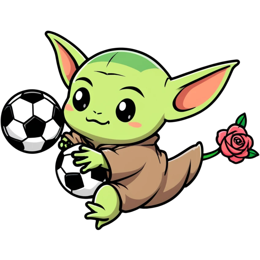 baby Yoda kicking a soccer ball with small roses beside him emoji