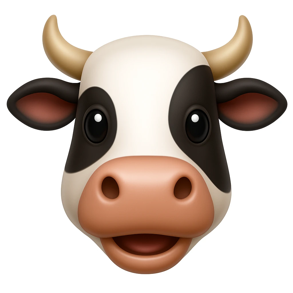 Create a cow face emoji that looks exactly like the reference image, in iOS emoji style. The emoji should have 3D appearance, shiny surface, smooth gradients, soft shadows, a friendly expression, black and white markings, and horns. emoji