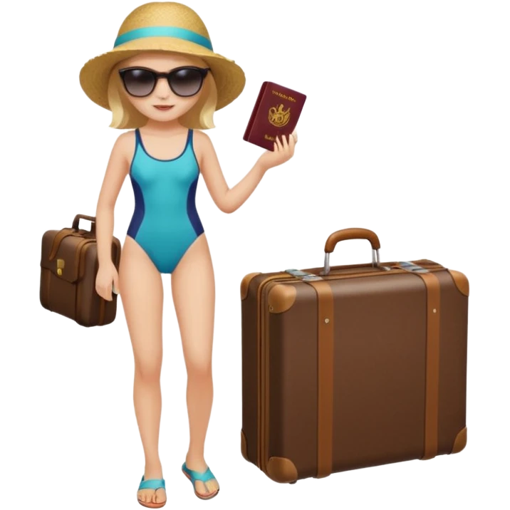 Девушка в путешествии, рядом чемодан, паспорт, очки и купальник  emoji