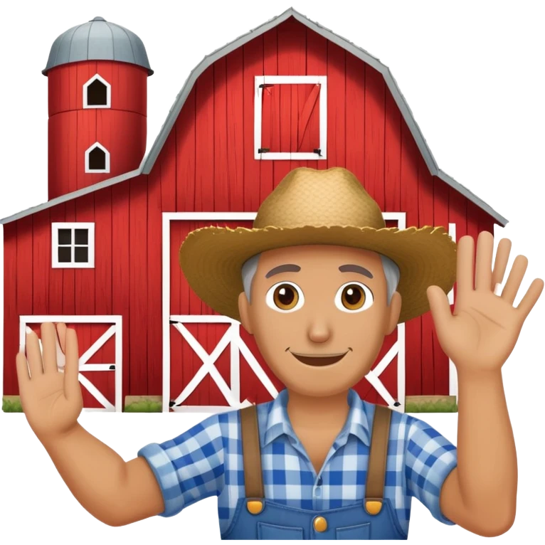 a farmer waving in front of a red barn emoji