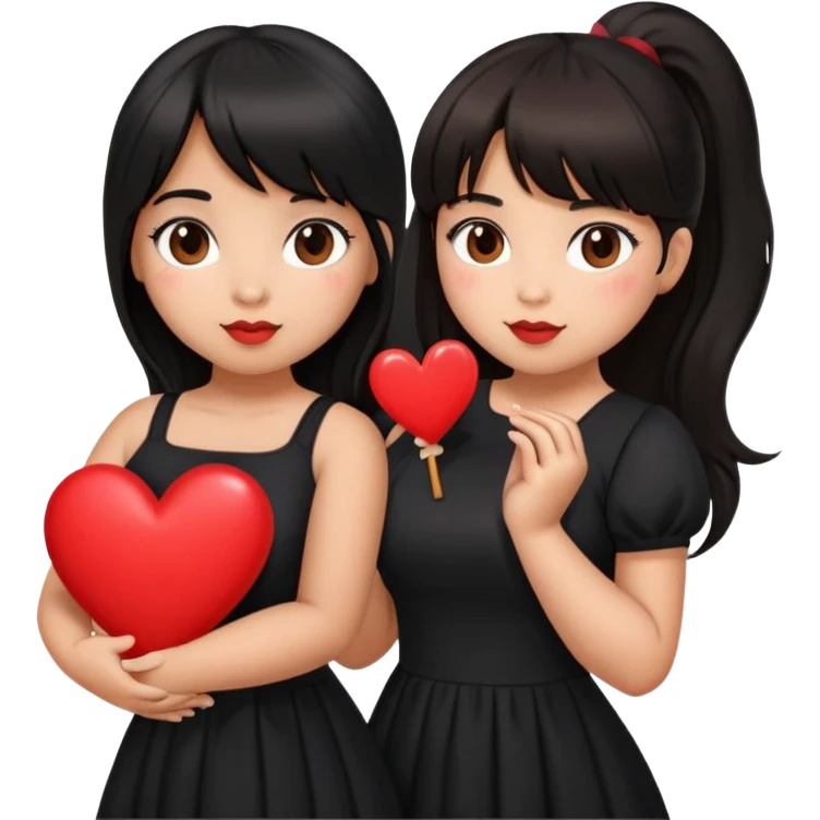 Latina girl with bangs black long hair in pony tail plus size black dress holding a heart emoji