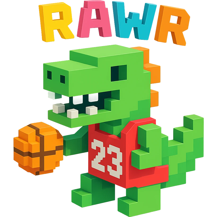 надпись "RAWR" и динозавр с баскетбольном мячом в майке с надписью "23", no background  emoji
