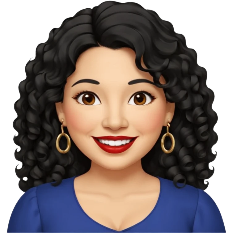 40 yr old Mexican woman, slightly chubby, wavy/curly long black hair, red lipstick, big smile, white teeth, brown eyes, hoop earings, side part to hair, round face, nice blouse, no wrinkle hair side swept, big hoop earing emoji