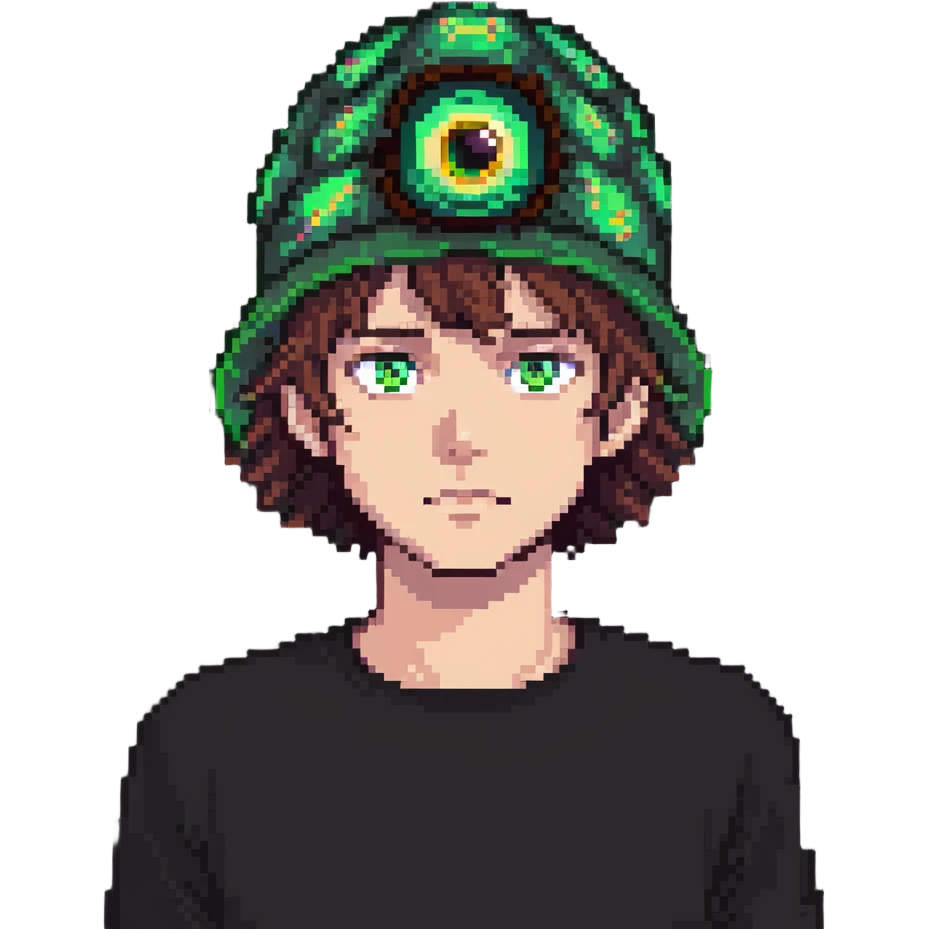 guy with 300 eyes, one big green eye in the middle of his head, wearing a hat made out of a girl on his head emoji