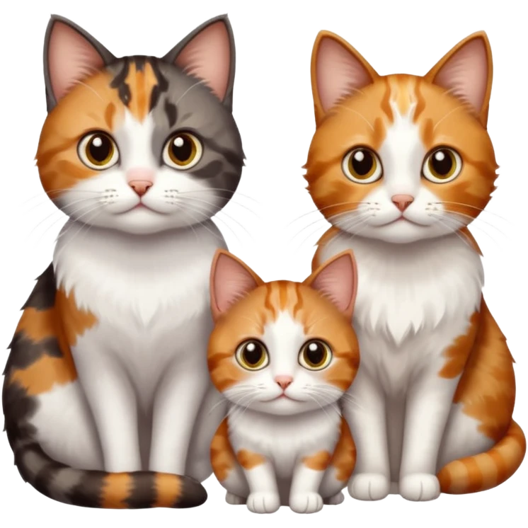 3 different coloured small cats including a dark brown tabby and white, and a patchy calico, and a ginger and white emoji
