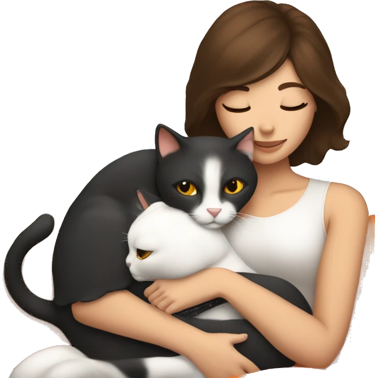 Brunette woman snuggling white orange cat emoji