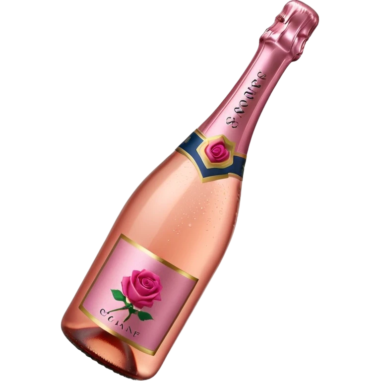 bottle of sparkling rosé champagne with a rose logo on the label, tilted up and to the right, no glass emoji