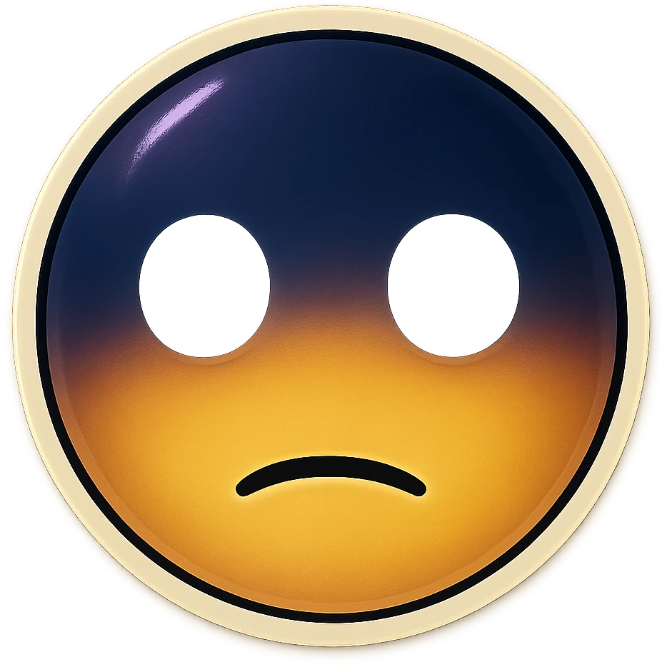 Edit the emoji to have a completely empty and expressionless face, as if it has come to a dark realization. The eyes should be wide and blank, showing only emptiness and despair, with no tears or sadness. Remove all white or light outlines in the line art. The face should be a plain round yellow with a dramatic dark blue and purple shadow on the upper half. Keep the style minimal and emoji-like, not realistic or horror. Transparent background. emoji