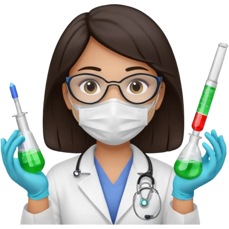 medica con guantes  y mascarilla e insumos laboratorio reactivo jerigan tubos  pelo negro largo triguella sin testoscopio emoji