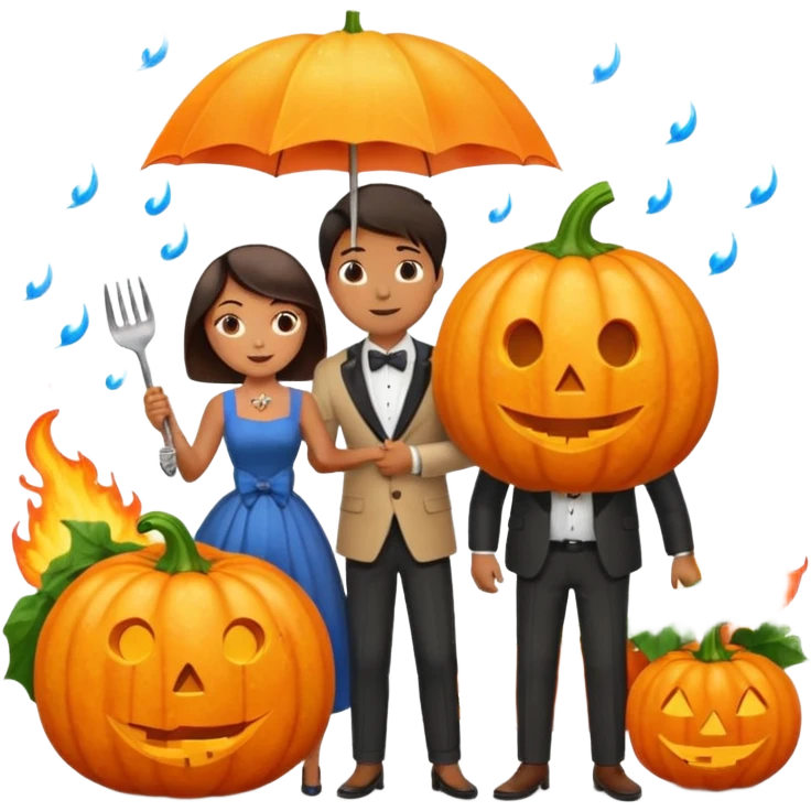 Make a guy hugging a giant pumpkin with a fork in his right hand while there's fire while there's a lady watching while it's raining while there's an umbrella on the ground that's alive and the sun has a bow tie on his neck emoji