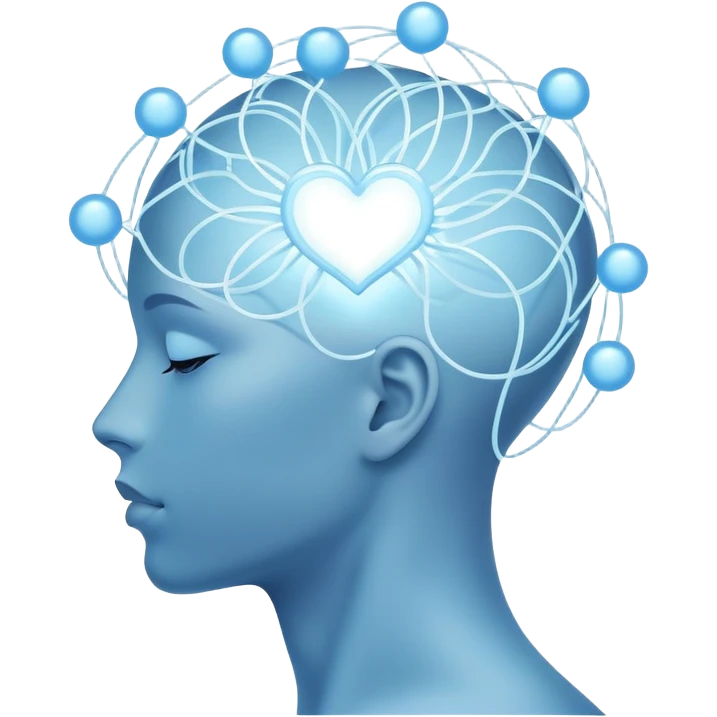 elegant human silhouette with delicate interconnected lines and floating orbs, luminous cores at head and heart, soft white-blue light emoji