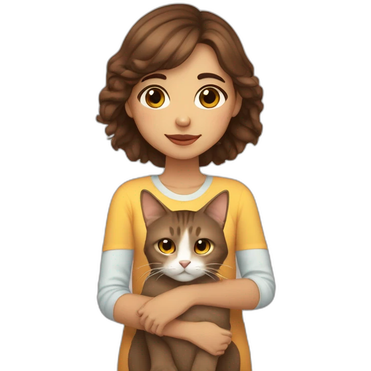 Light skin kabyle girl with straight brown hair and eyes petting a fluffy brown cat emoji
