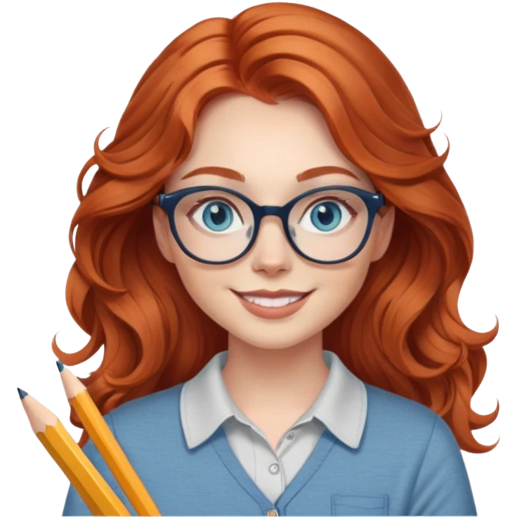 redheaded woman with long wavy hair, blue eyes, cat-eye glasses, casual outfit, holding a pencil, smiling emoji
