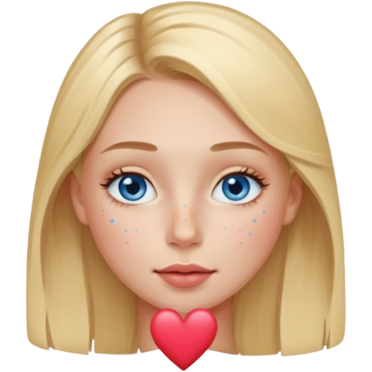 Una ragazza con ciglia lunghe occhi azzurri capelli biondi labbra sottili ma a cuore guance rosacee e lentiggini sul naso emoji