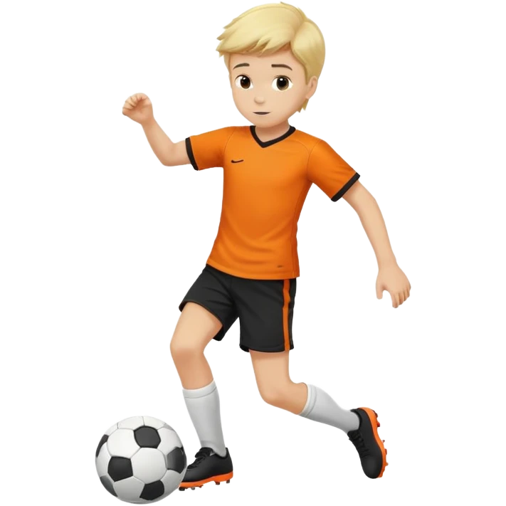 Kicking a soccer ball, boy, blond hair, orange shirt,black shorts emoji